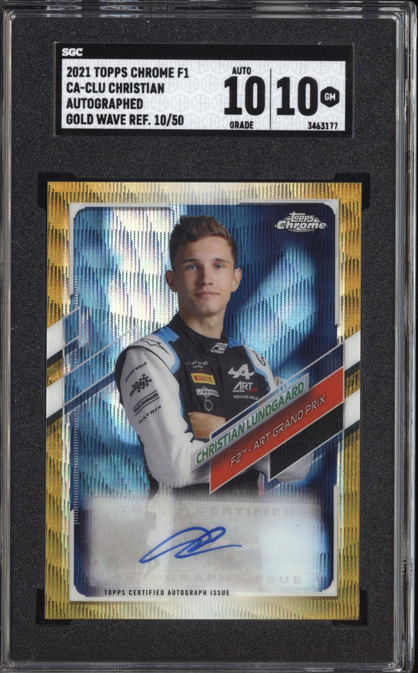 Christian Lundgaard 2021 Topps Chrome Formula One Gold Wave Auto 10/50 SGC 10 / 10 Auto