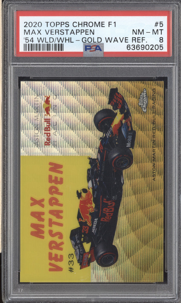 Max Verstappen 2020 Topps Chrome Formula 1 World on Wheels Gold Wave 10/50 PSA 8