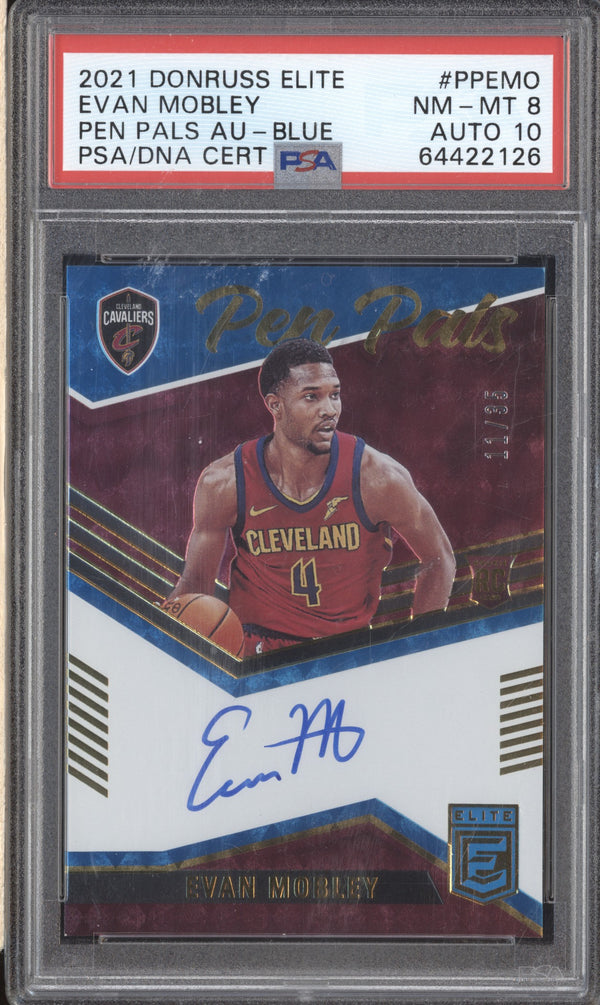 Evan Mobley 2021-22 Panini Donruss Elite PP-EMO Pen Pals Blue Auto RC 11/35 PSA 8/10