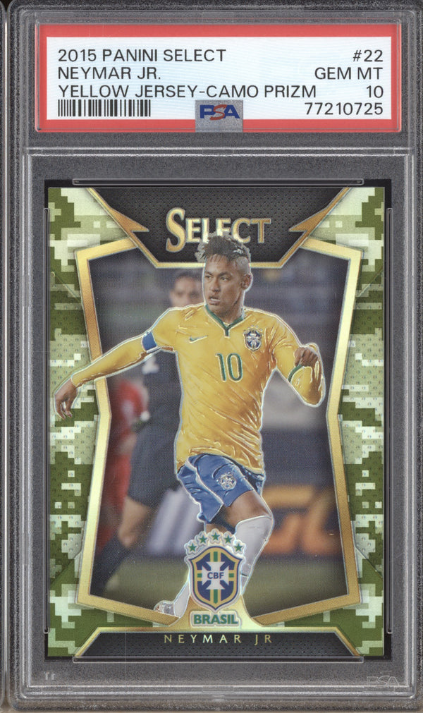 Neymar Jr 2015-16 Panini Select Soccer 22 Camo - Yellow Jersey 104/249 PSA 10