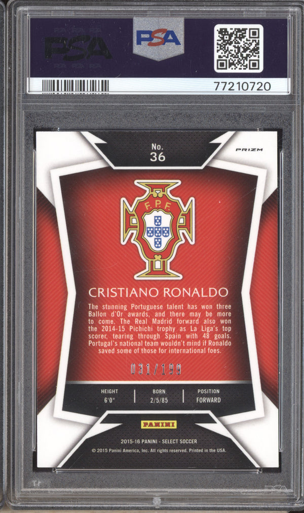 Cristiano Ronaldo 2015-16 Panini Select Soccer Red - White Jersey 31/199 PSA 9