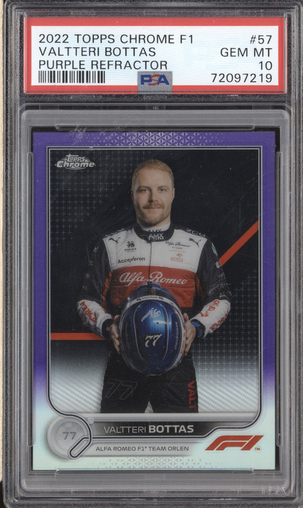 Valtteri Bottas 2022 Topps Chrome Formula 1 57 Purple Refractor 257/399 PSA 10