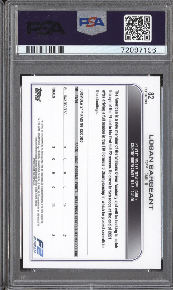 Logan Sargeant 2022 Topps Chrome Formula 1 82 Refractor RC PSA 9