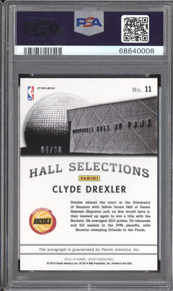 Clyde Drexler 2013-14 Panini Select 11 Hall Selections Purple Auto 4/30 PSA 10 /10 Auto