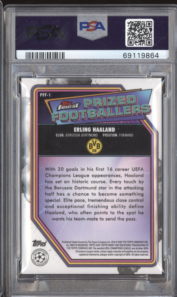 Erling Haaland 2021-22 Topps Finest UCL PFF-1 Prized Footballers Fusion PSA 9