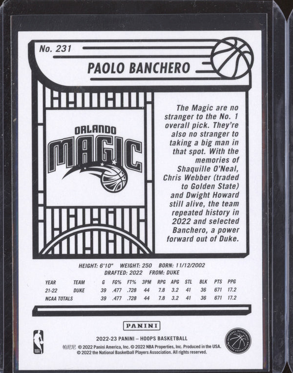 Paolo Banchero 2022-23 Panini Hoops 231 RC