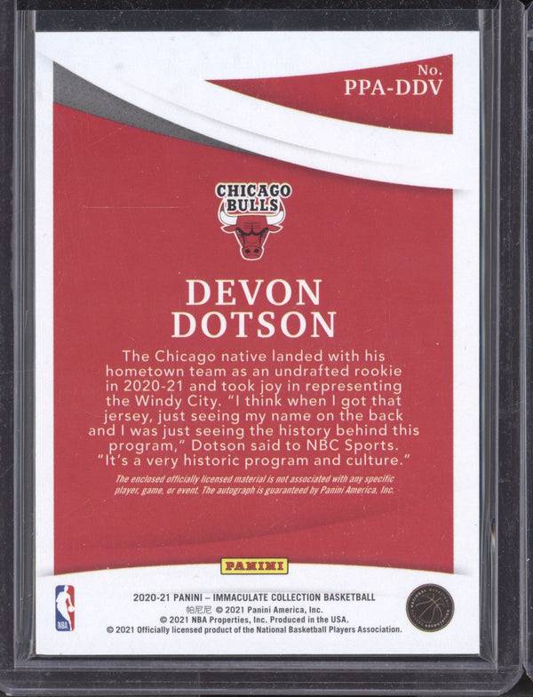 Devon Dotson 2020-21 Panini Immaculate PPA-DDV Premium Patch Auto RC 18/50