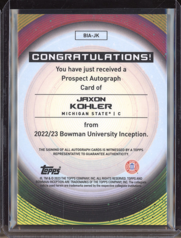 Jaxon Kohler 2022-23 Bowman University Inception Gold Prospect Auto RC 30/50