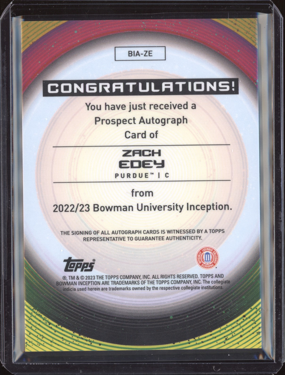 Zach Edey 2022-23 Bowman University Inception Prospect Auto RC