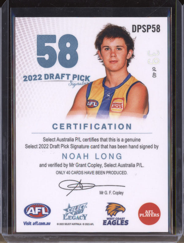 Noah Long 2023 Select Legacy AFL DPSP58 Draft Pick Signature Platinum RC 39/40