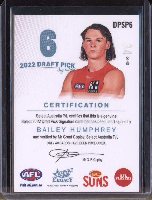 Bailey Humphrey 2023 Select Legacy AFL Draft Pick Signature Platinum RC 34/40