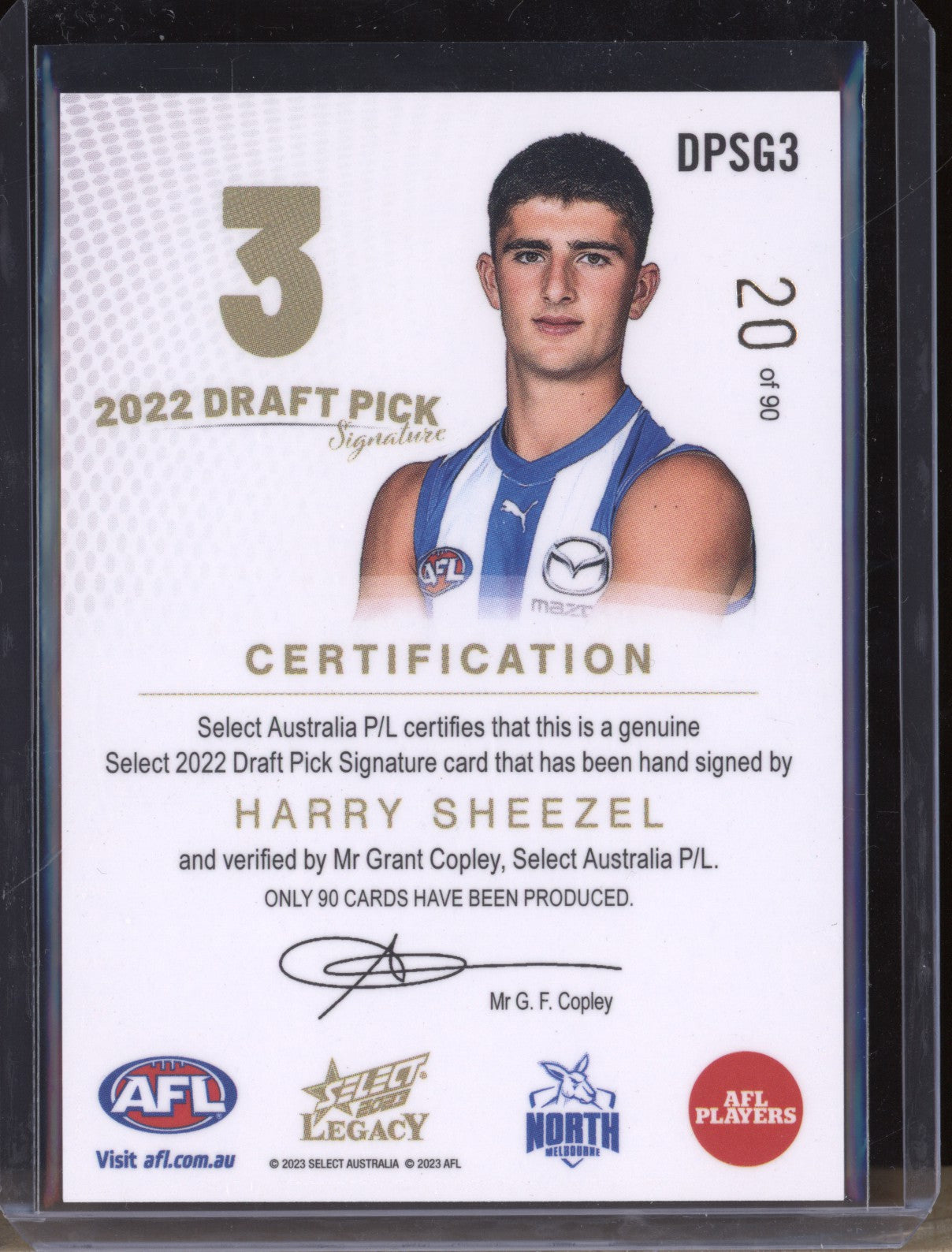 Harry Sheezel 2023 Select Legacy AFL DPSG3 Draft Pick Signature Gold RC 20/90