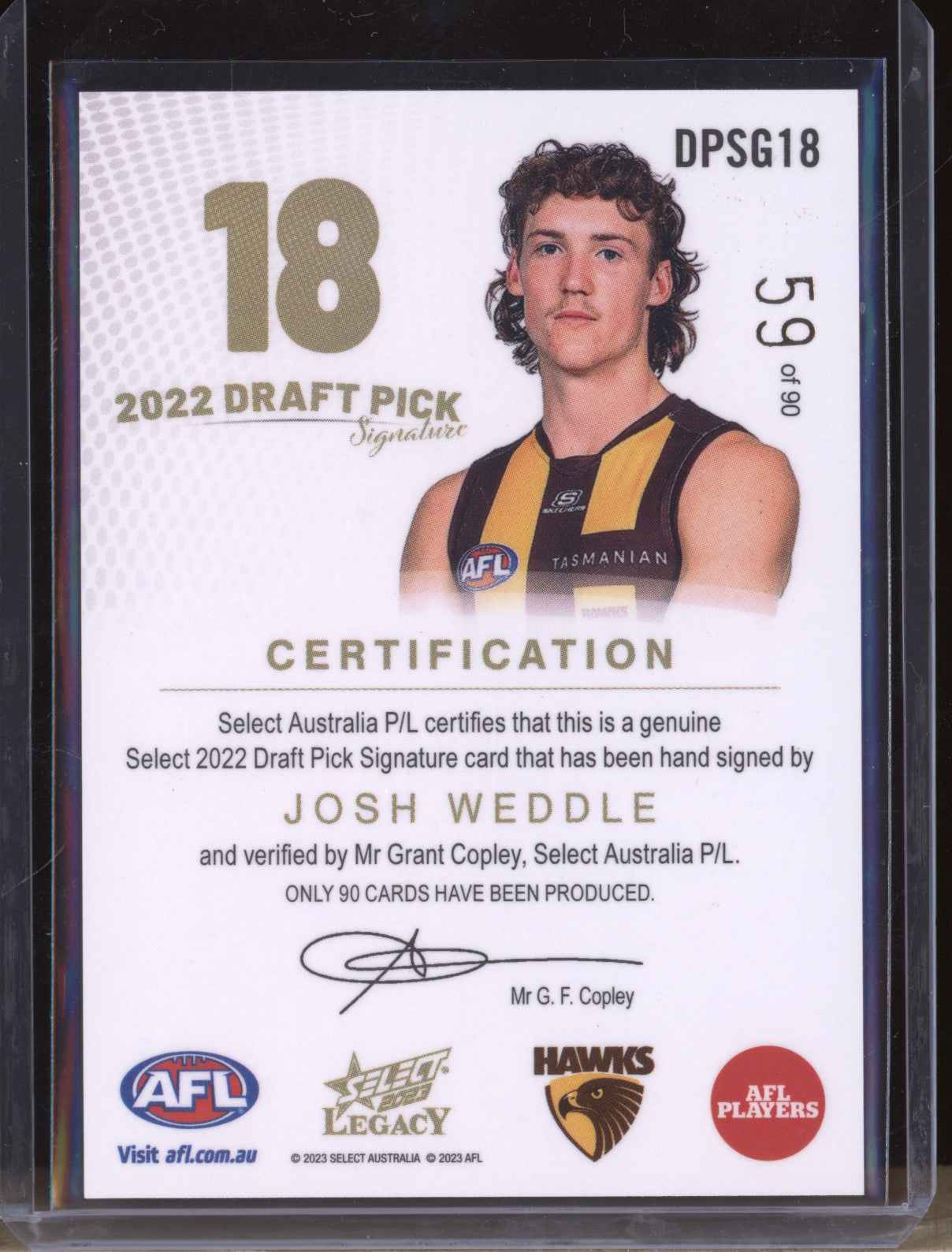 Josh Weddle 2023 Select Legacy AFL DPSG18 Draft Pick Signature Gold RC 59/90