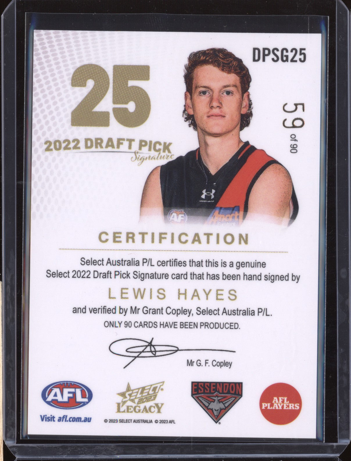 Lewis Hayes 2023 Select Legacy AFL DPSG25 Draft Pick Signature Gold RC 59/90