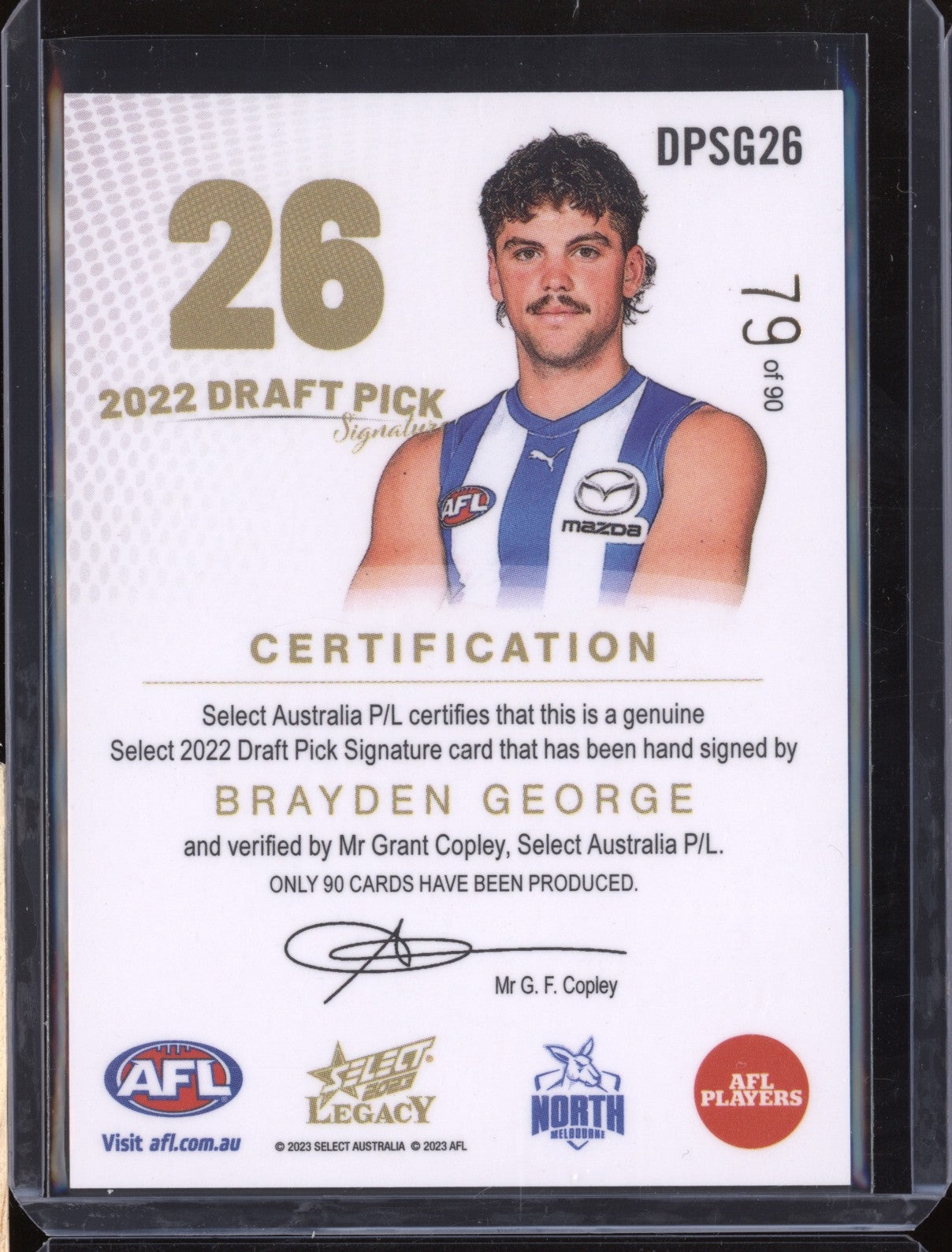 Brayden George 2023 Select Legacy AFL DPSG26 Draft Pick Signature Gold RC 79/90