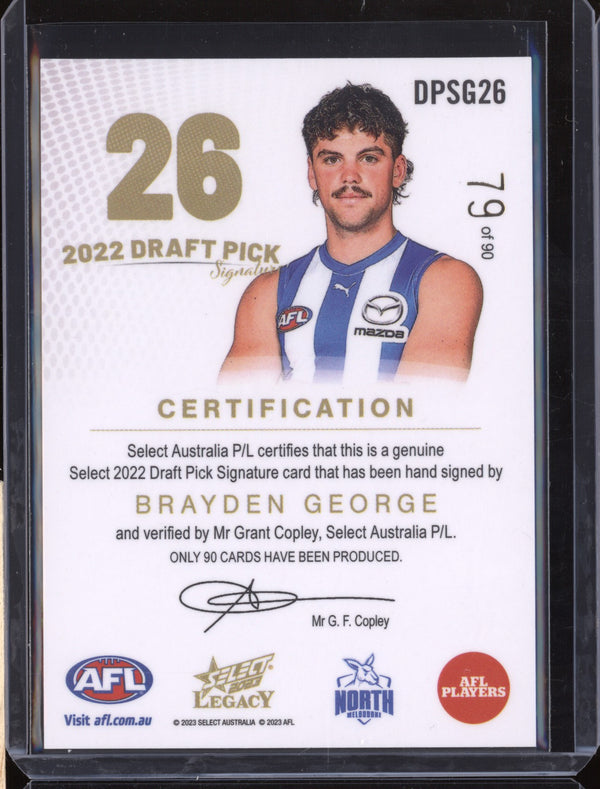 Brayden George 2023 Select Legacy AFL DPSG26 Draft Pick Signature Gold RC 79/90