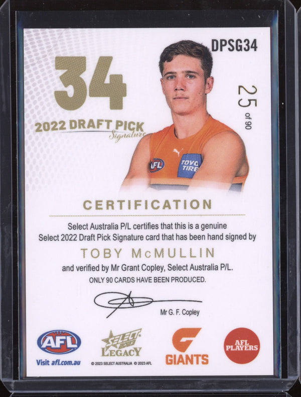 Toby McMullin 2023 Select Legacy AFL DPSG34 Draft Pick Signature Gold RC 25/90