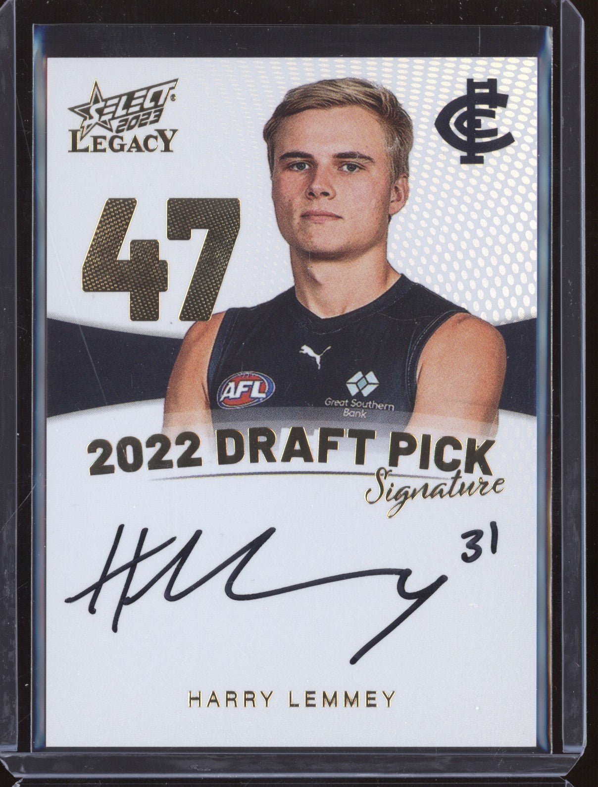 Harry Lemmey 2023 Select Legacy AFL DPSG47 Draft Pick Signature Gold RC 82/90