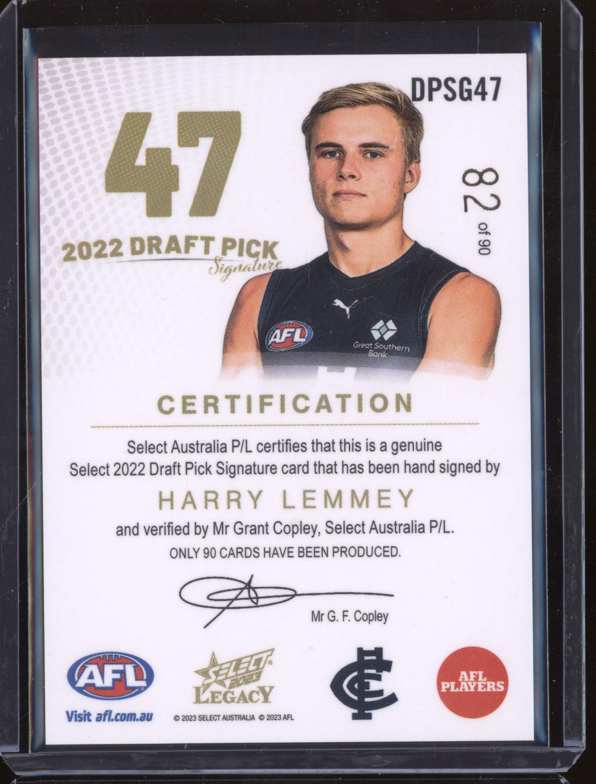 Harry Lemmey 2023 Select Legacy AFL DPSG47 Draft Pick Signature Gold RC 82/90