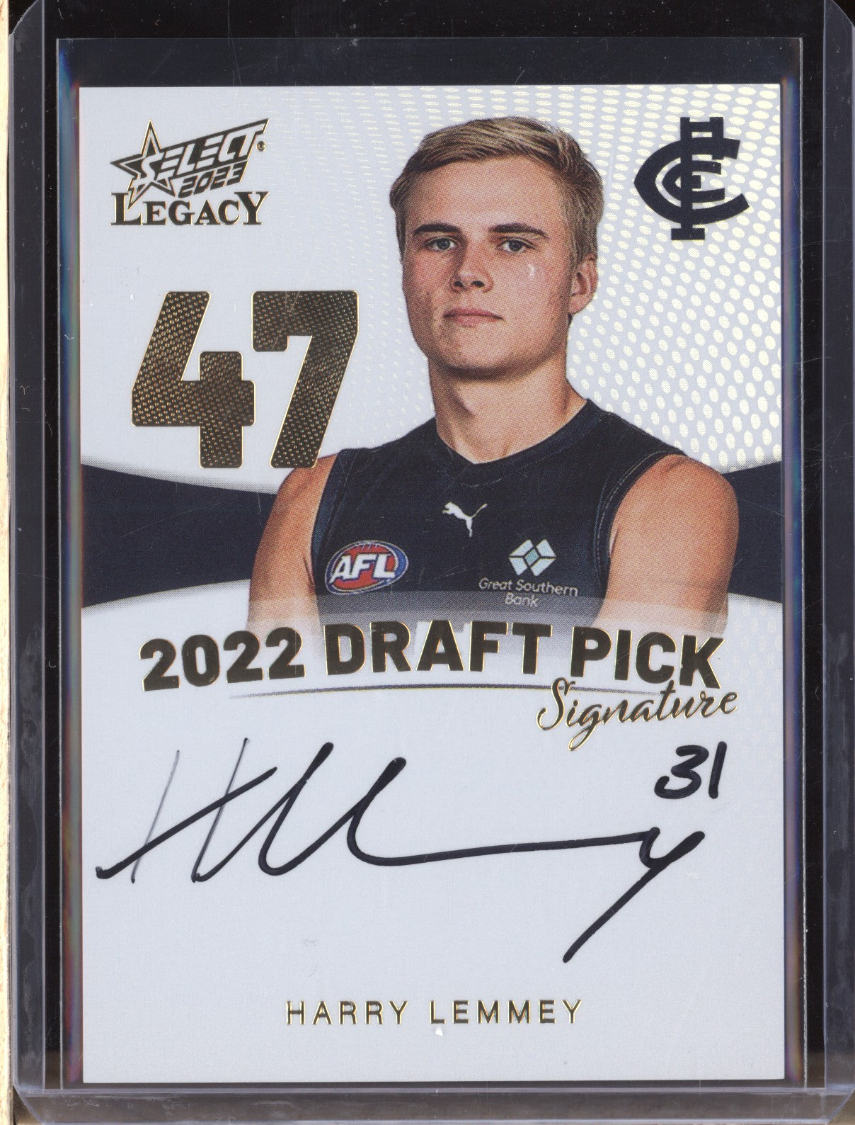 Harry Lemmey 2023 Select Legacy AFL DPSG47 Draft Pick Signature Gold RC 32/90