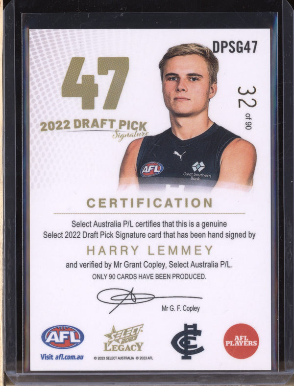 Harry Lemmey 2023 Select Legacy AFL DPSG47 Draft Pick Signature Gold RC 32/90