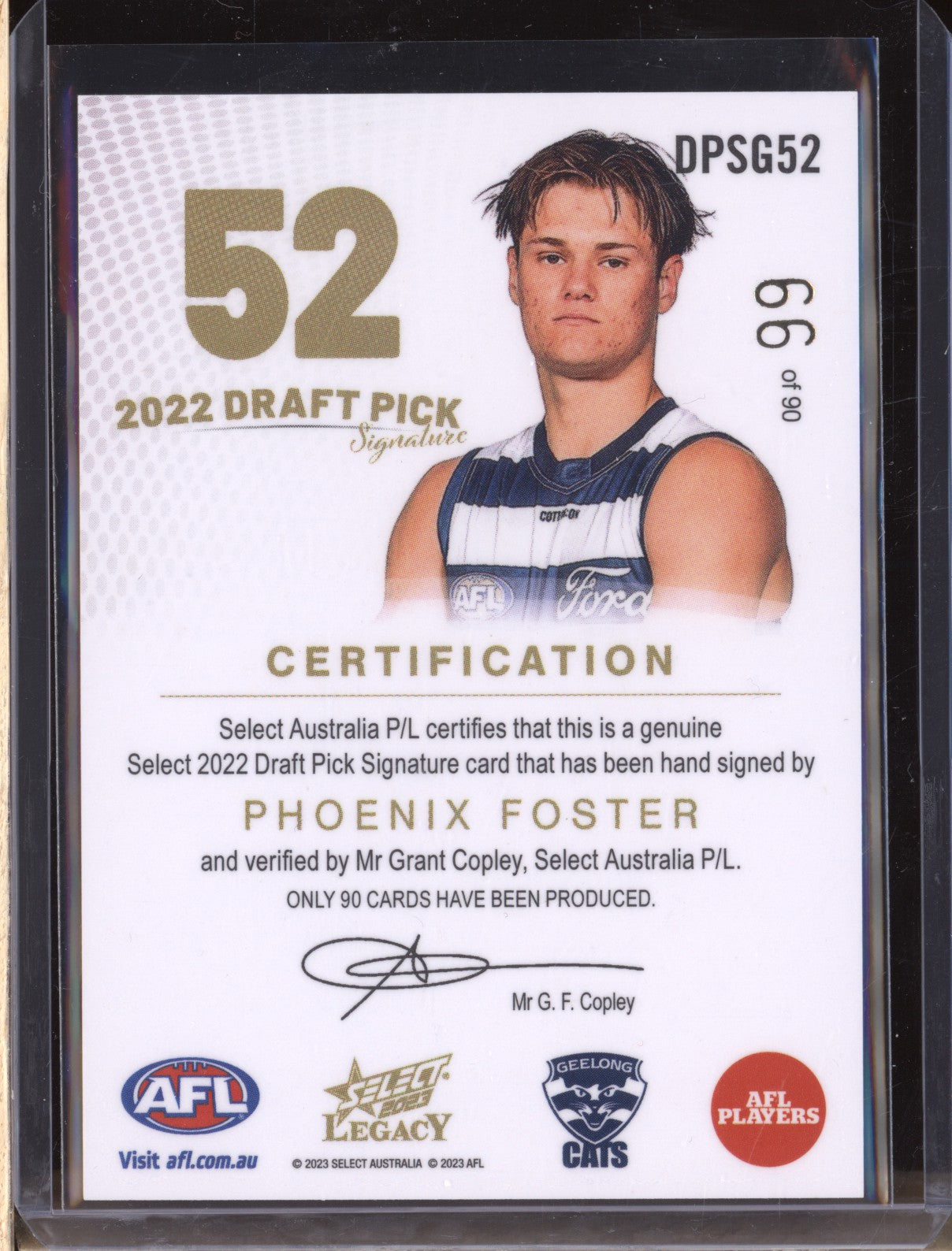 Phoenix Foster 2023 Select Legacy AFL DPSG52 Draft Pick Signature Gold RC 66/90