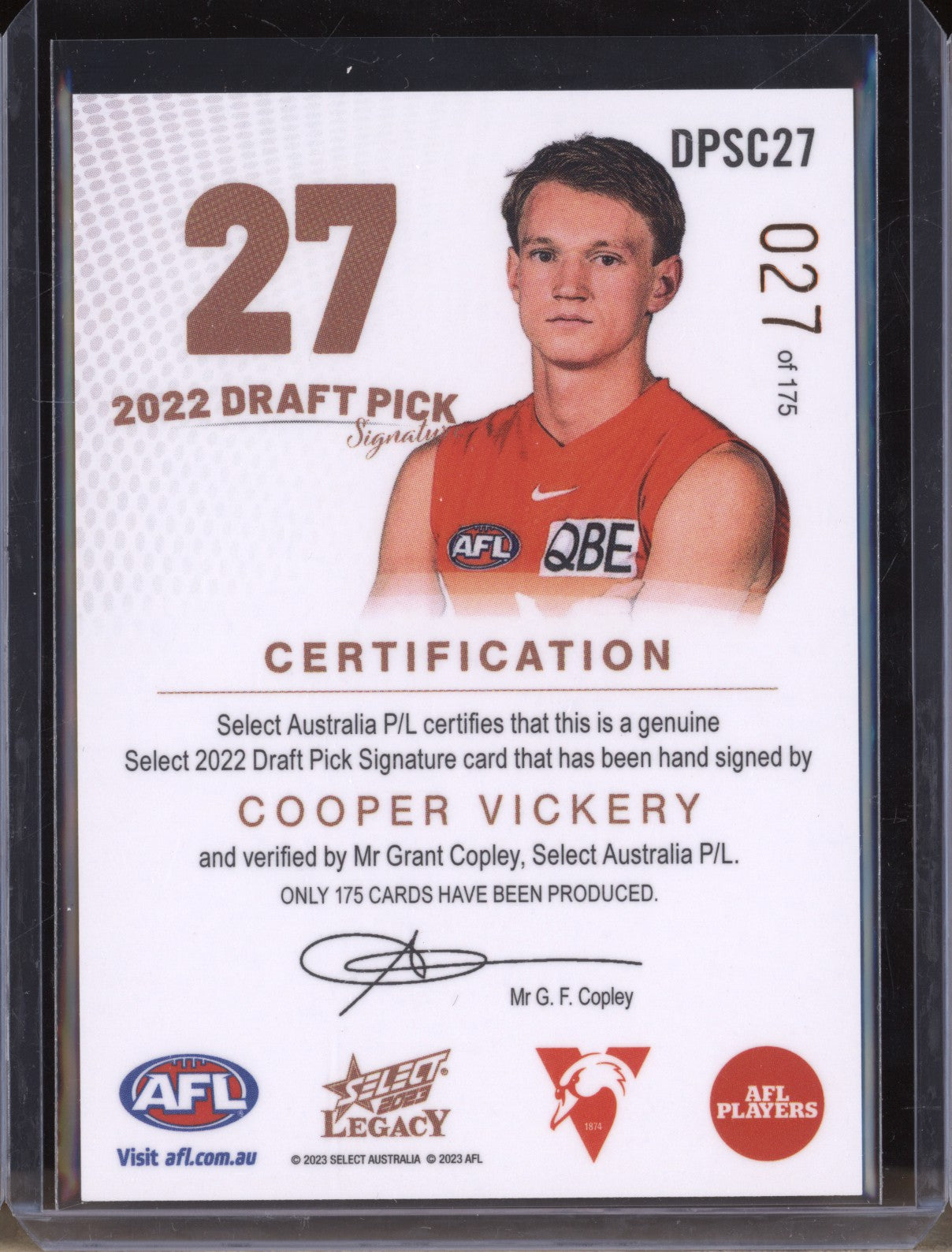 Coopey Vickery 2023 Select Legacy AFL Draft Pick Signature Copper RC 27/175