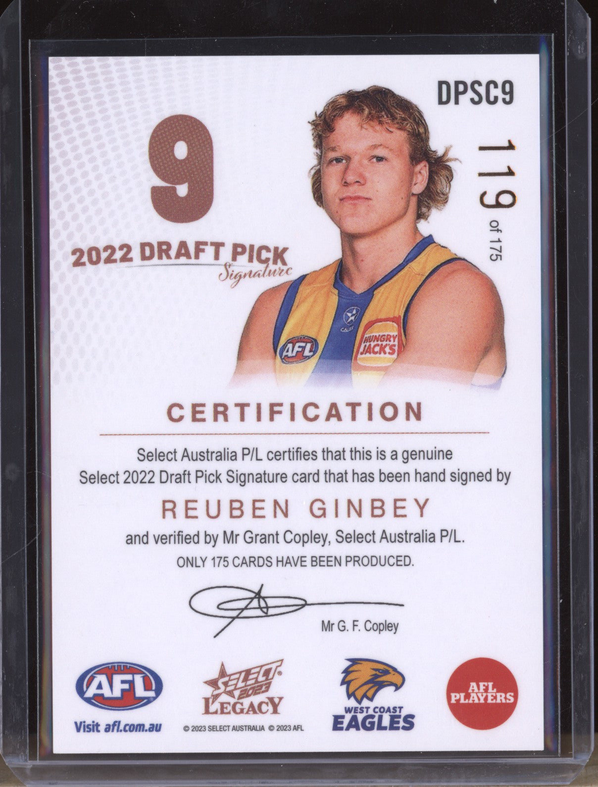 Reuben Ginbey 2023 Select Legacy AFL Draft Pick Signature Copper RC 119/175