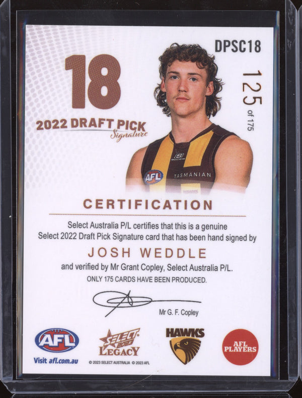 Josh Weddle 2023 Select Legacy AFL DPSC18 Draft Pick Signature Copper RC 125/175