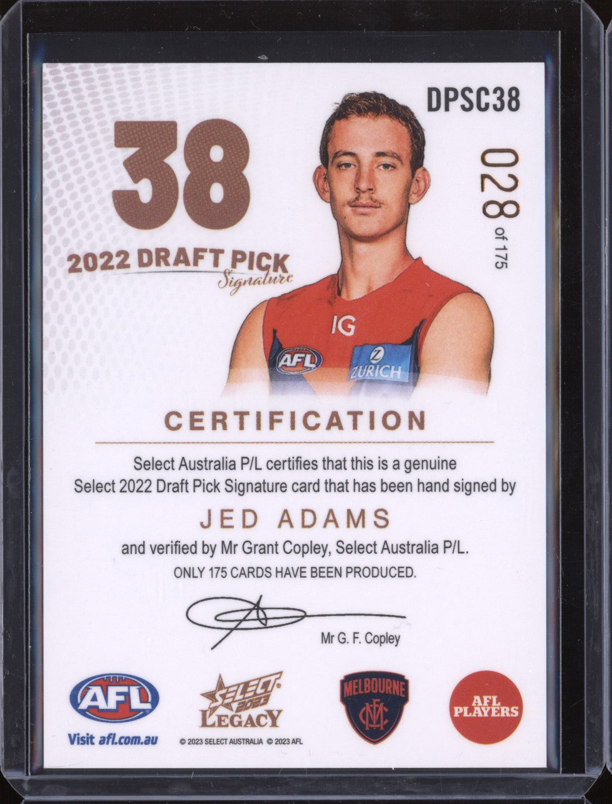 Jed Adams 2023 Select Legacy AFL DPSC38 Draft Pick Signature Copper RC 28/175