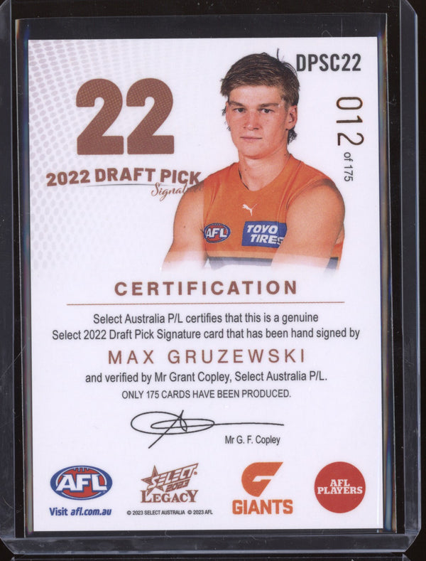 Max Gruzewski 2023 Select Legacy AFL Draft Pick Signature Copper RC 012/175