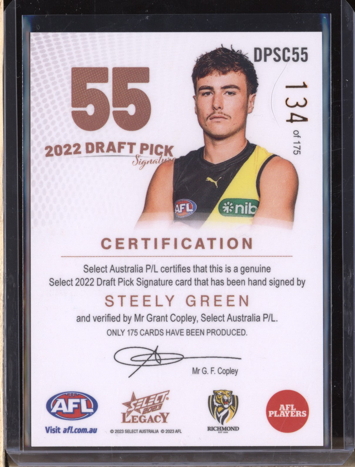 Steely Green 2023 Select Legacy AFL Draft Pick Signature Copper RC 134/175