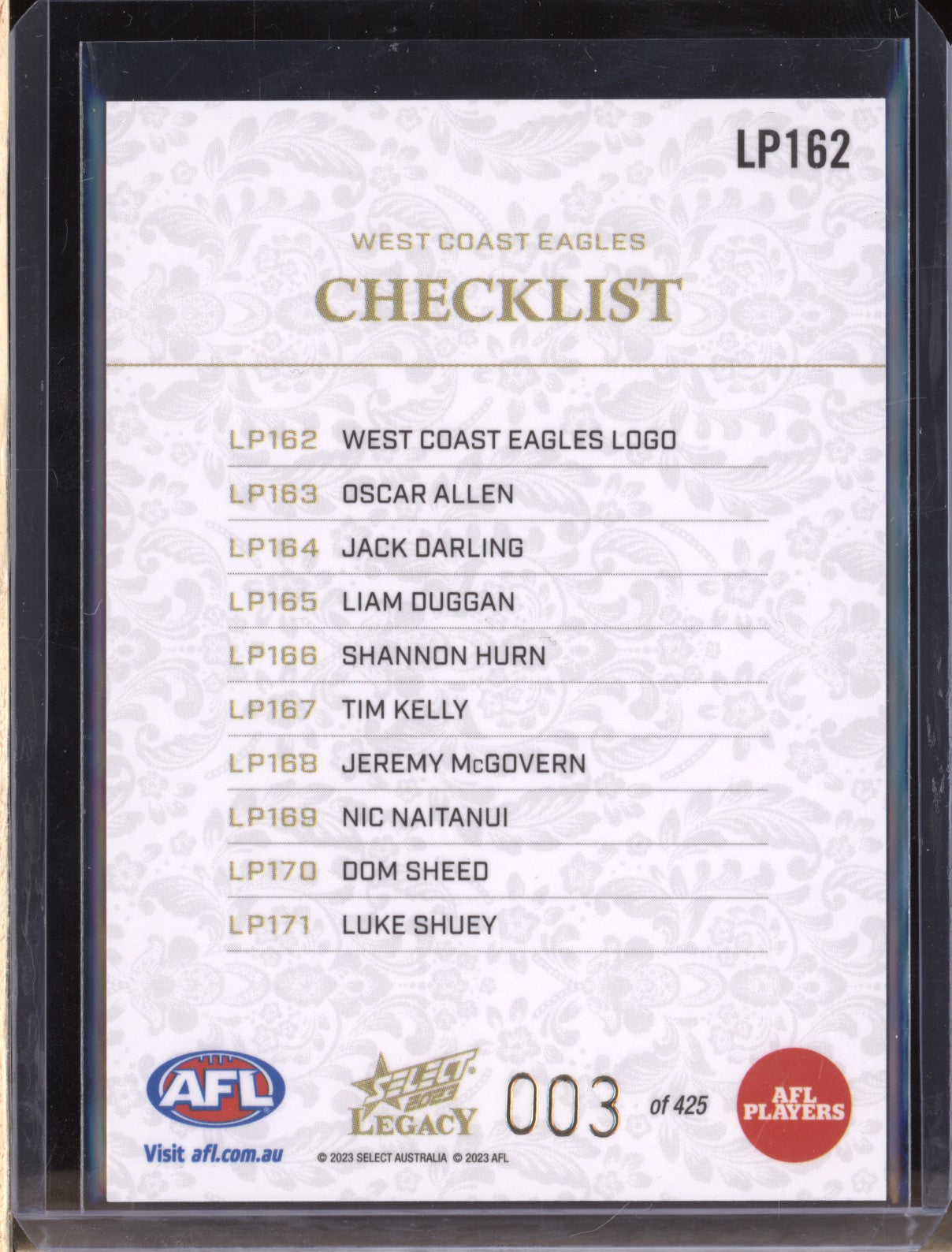 West Coast Checklist 2023 Select Legacy AFL LP162 Legacy Plus Low 003/425