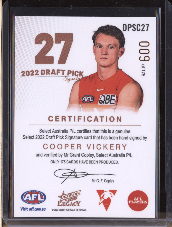 Cooper Vickery 2023 Select Legacy AFL Draft Pick Signature Copper Low RC 009/175
