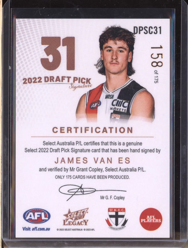 James Van Es 2023 Select Legacy AFL Draft Pick Signature Copper RC 158/175