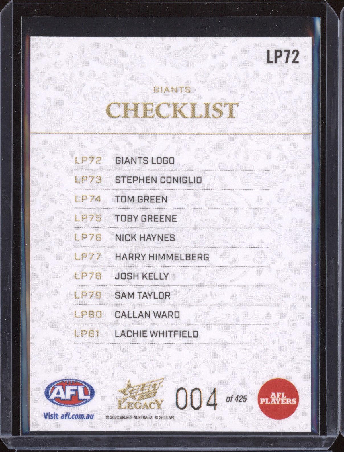 GWS Giants Logo Checklist 2023 Select Legacy AFL LP72 Legacy Plus Low 004/425