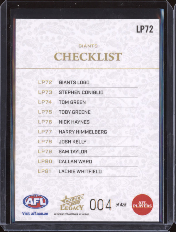 GWS Giants Logo Checklist 2023 Select Legacy AFL LP72 Legacy Plus Low 004/425