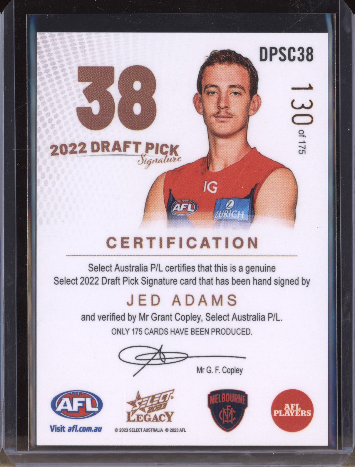 Jed Adams 2023 Select Legacy AFL DPSC38 Draft Pick Signature Copper RC 130/175