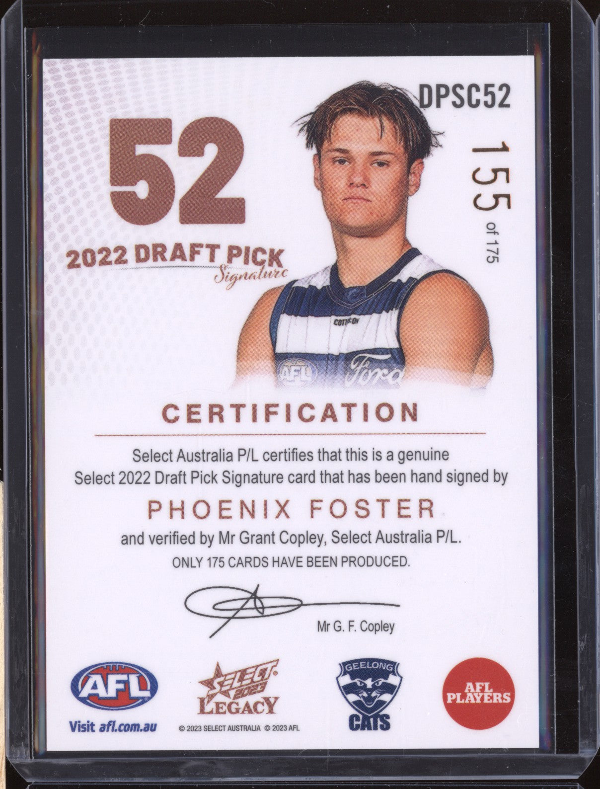 Phoenix Foster 2023 Select Legacy AFL Draft Pick Signature Copper RC 155/175