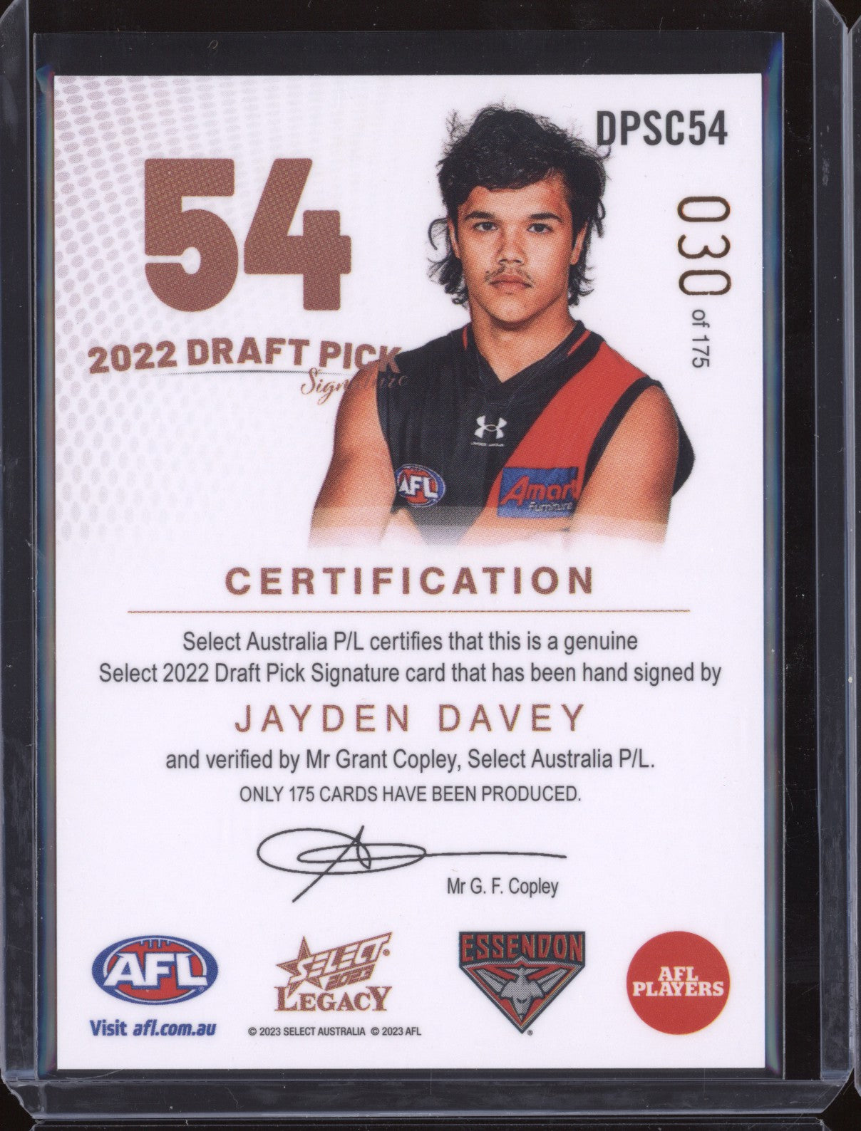 Jayden Davey 2023 Select Legacy AFL Draft Pick Signature Copper RC 030/175