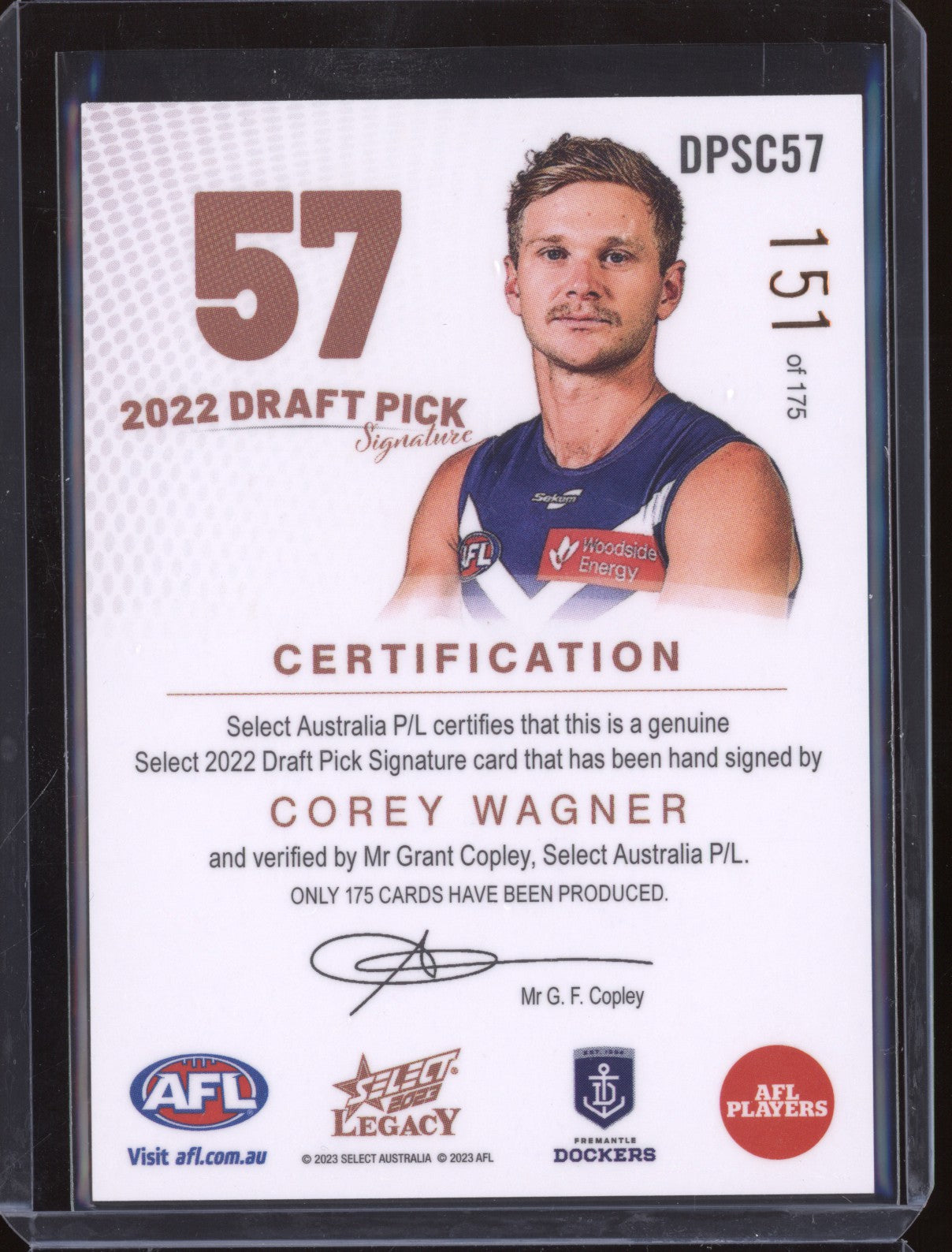 Corey Wagner 2023 Select Legacy AFL Draft Pick Signature Copper RC 151/175