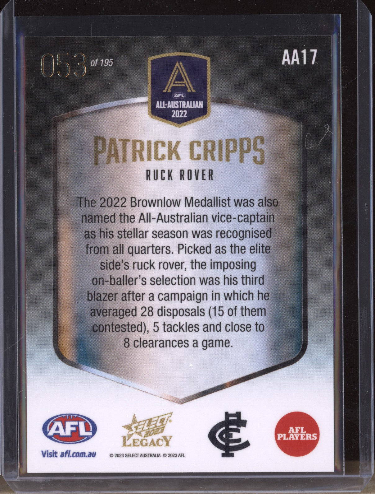 Patrick Cripps 2023 Select Legacy AFL AA17 2022 All-Australian 053/195