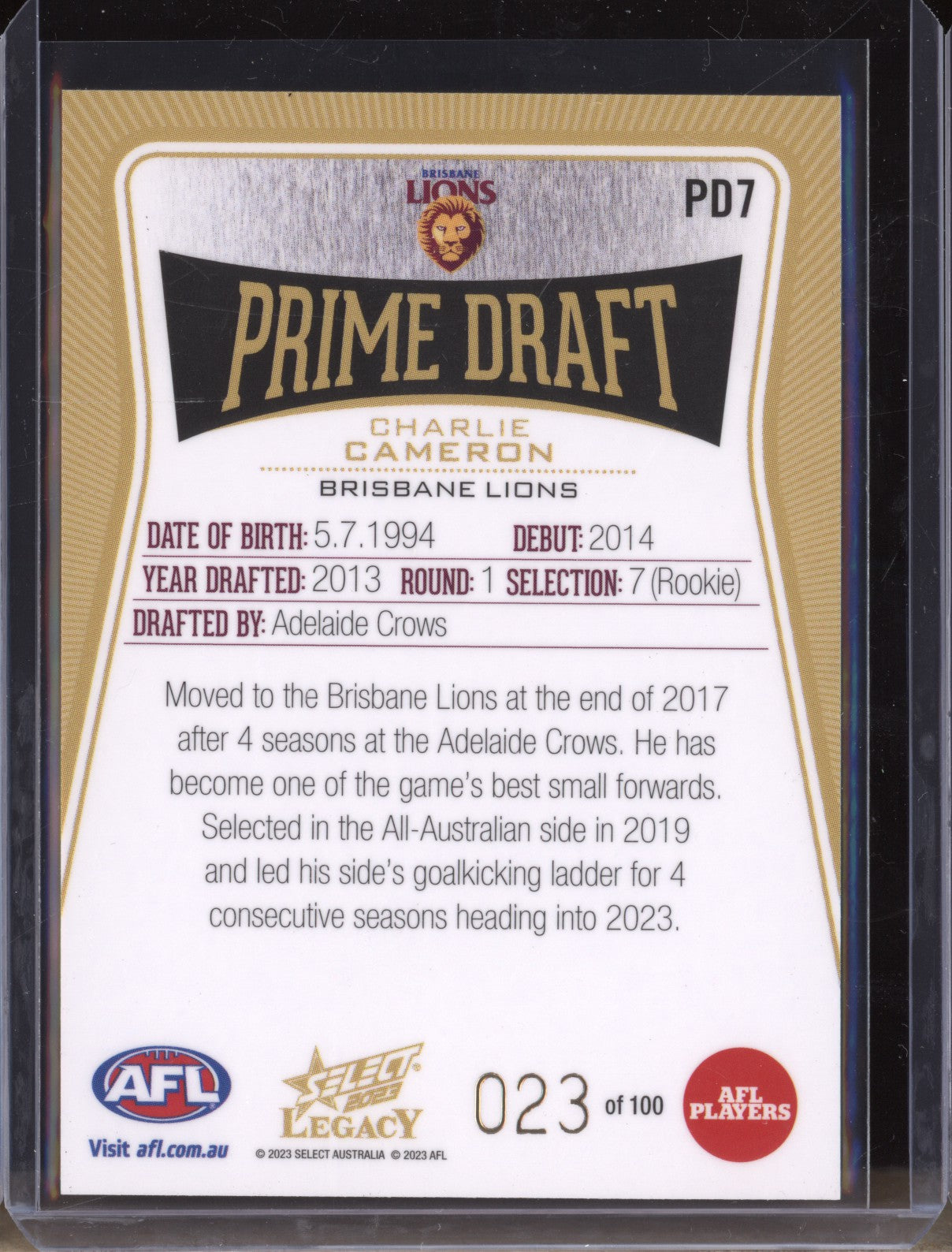 Charlie Cameron 2023 Select Legacy AFL PD7 Prime Draft Jumper Number 23/100