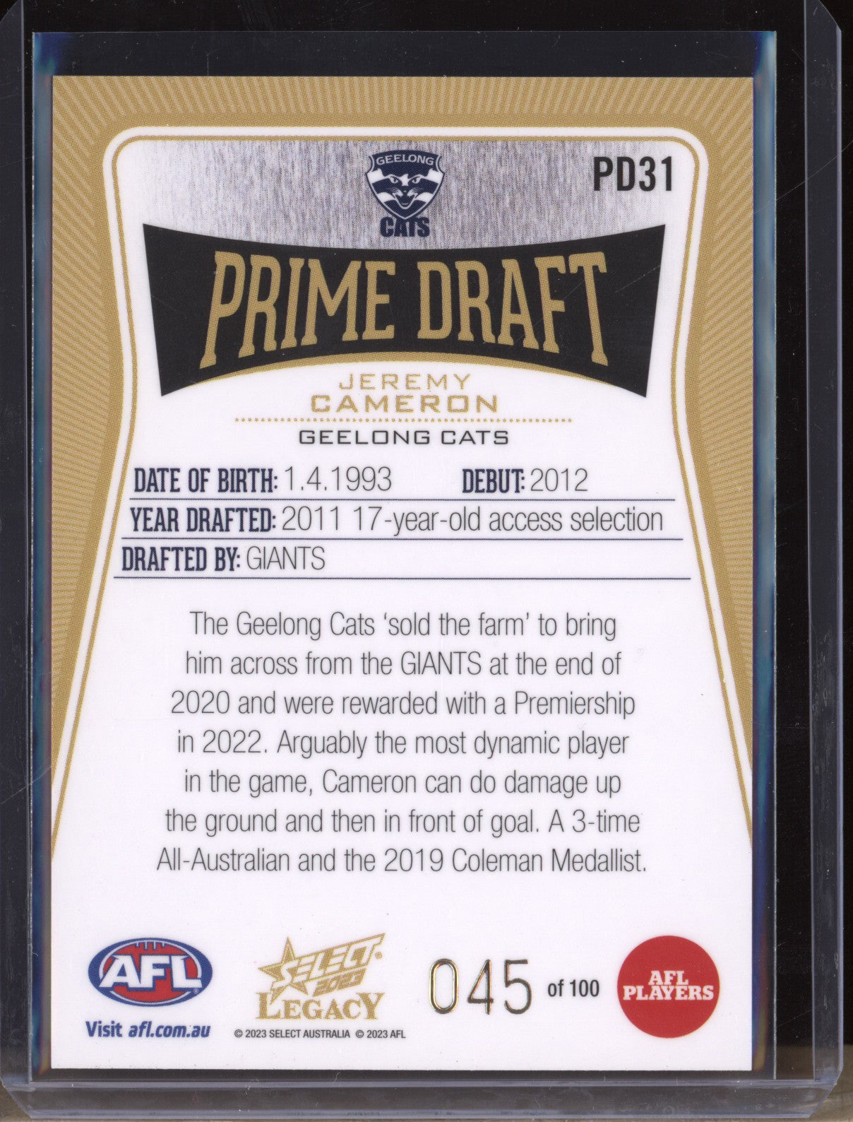 Jeremy Cameron 2023 Select Legacy AFL PD31 Prime Draft 45/100