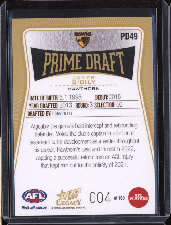 James Sicily 2023 Select Legacy AFL PD49 Prime Draft Low 004/100