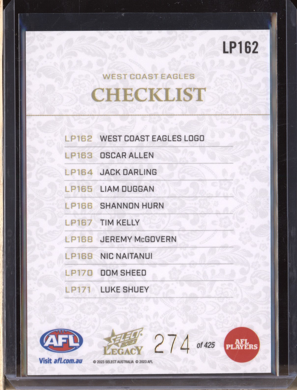 West Coast Logo Checklist 2023 Select Legacy AFL LP162 Legacy Plus 274/425