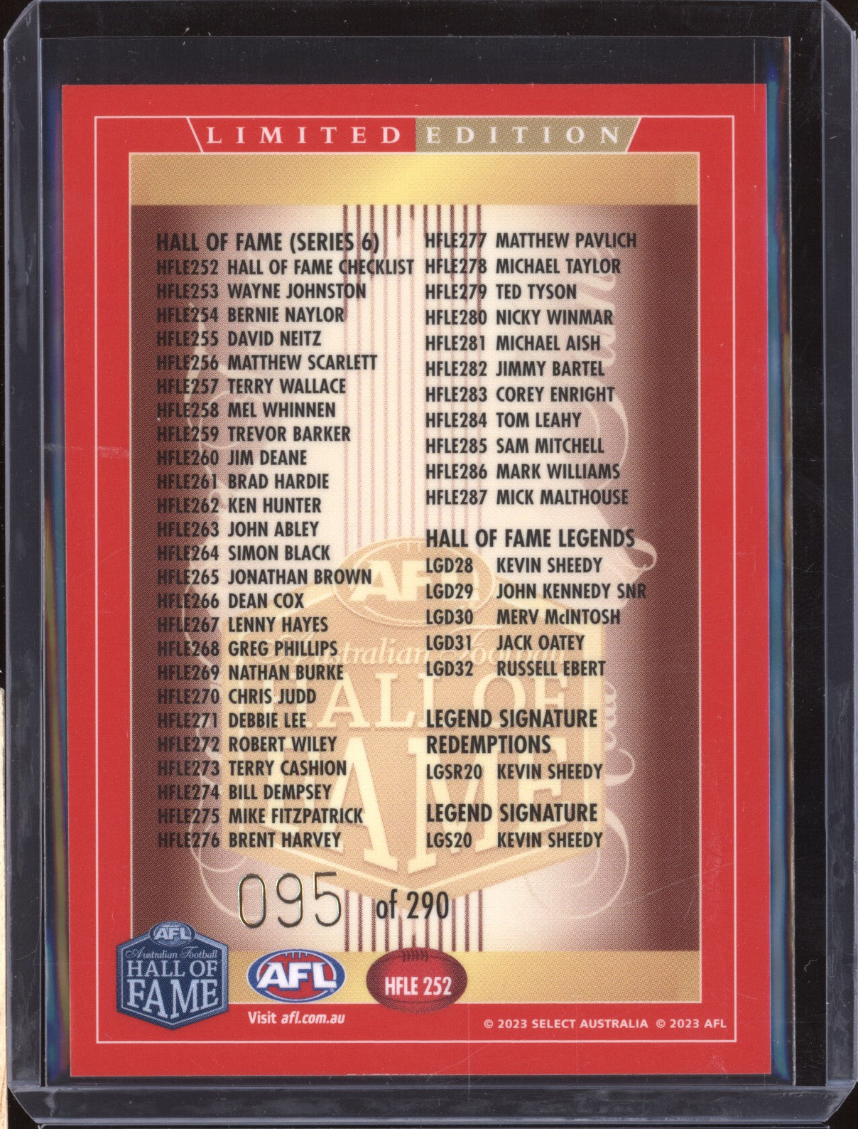 Header 2023 Select Legacy AFL Hall of Fame Inductees Limited Edition 095/290