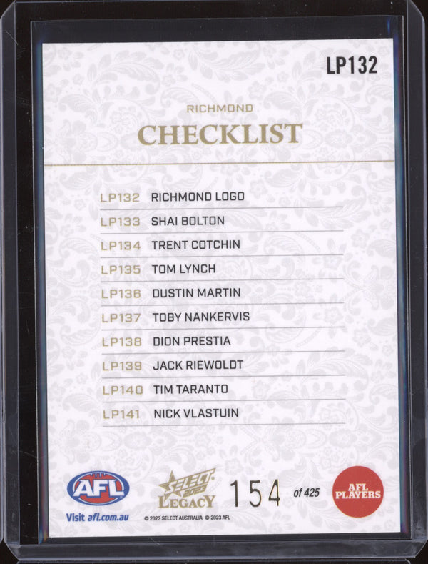 Richmond Checklist 2023 Select Legacy AFL LP132 Legacy Plus 154/425