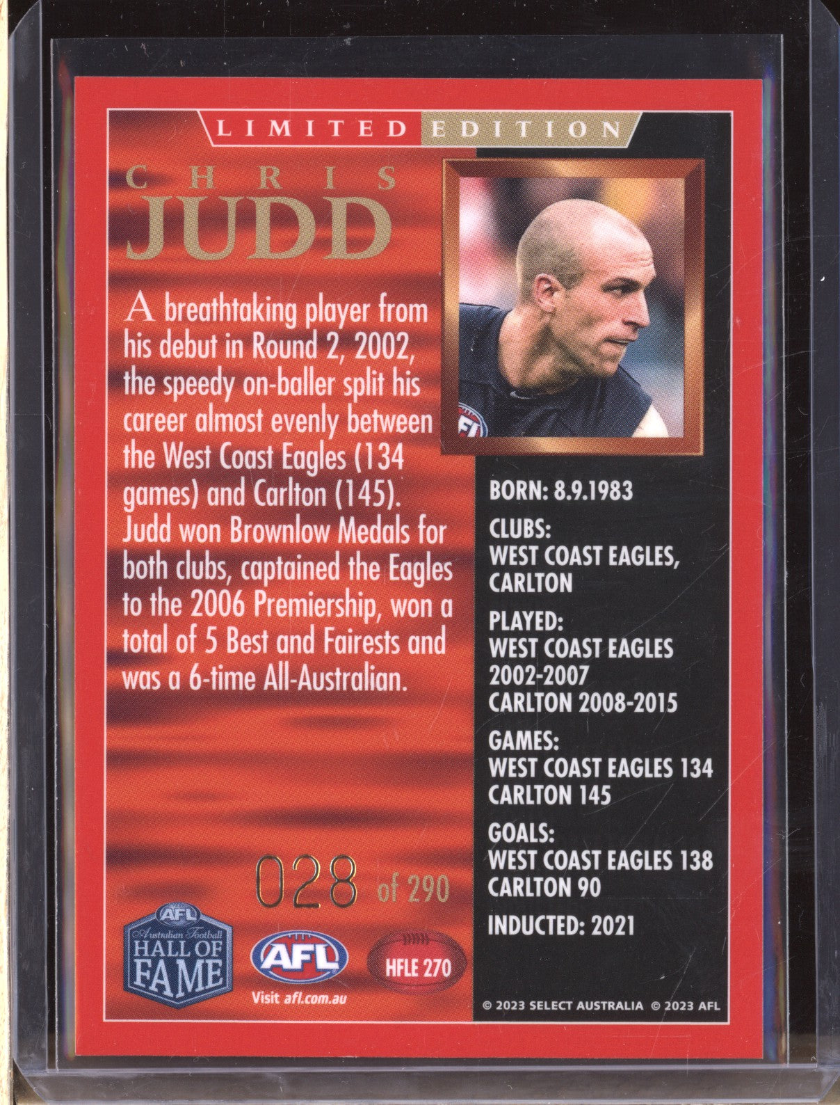 Chris Judd 2023 Select Legacy AFL Hall of Fame Inductees Limited Edition 028/290