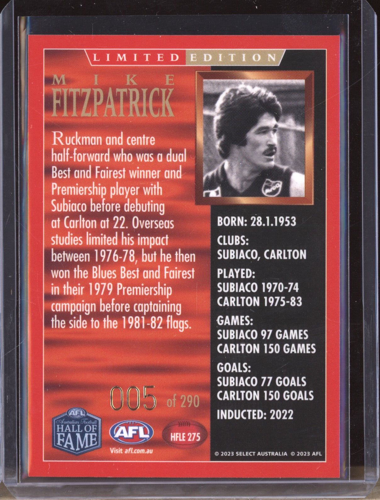 Mike Fitzpatrick 2023 Select Legacy AFL Hall of Fame Limited Edition Low 005/290